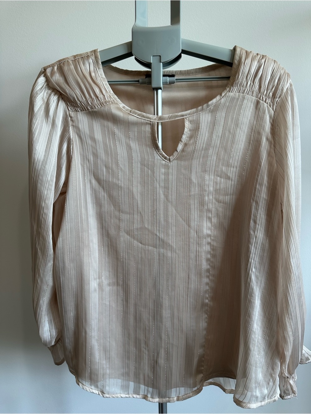 Sheer Cream Long-Sleeve Keyhole Blouse